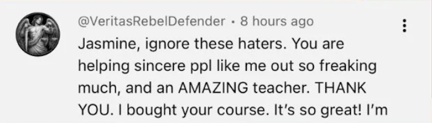 Comment from @VeritasRebelDefender thanking Jasmine for the course