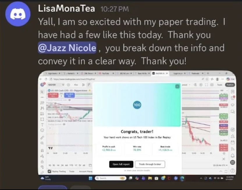 Discord message from LisaMonaTea thanking Jazz Nicole for her paper trading results