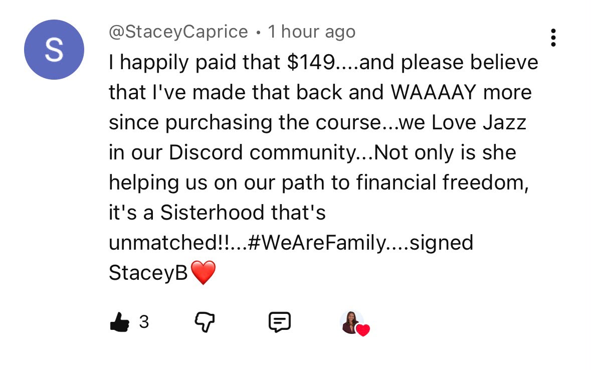 Comment from @StaceyCaprice about the Discord community and course results