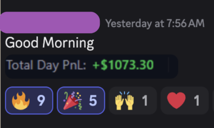 Discord daily PnL screenshot, plus $1,073.30